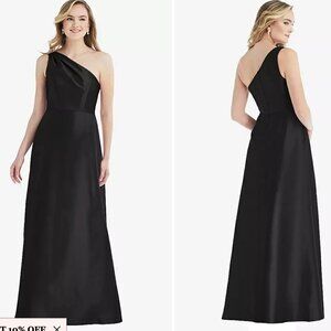 Pleated Draped One-Shoulder Satin Maxi Dress with Pockets in Black